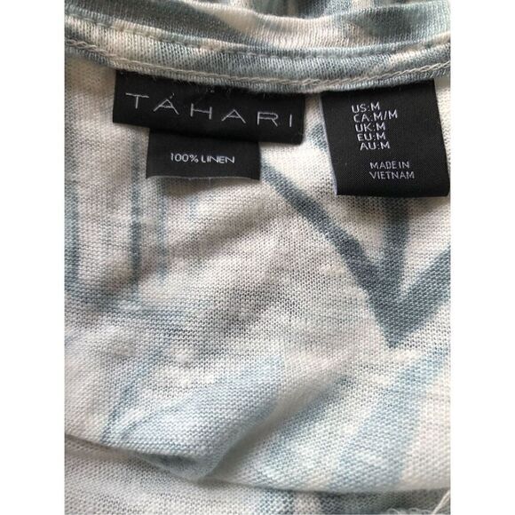 Tahari Palm tree print white and light Green 100% linen relaxed fit Off-set Heml - Picture 10 of 11